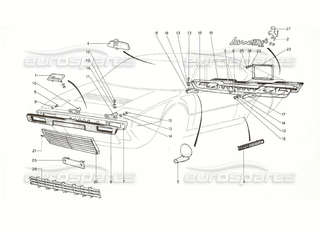 ferrari 308 gt4 dino (1976) bumpers and mouldings parts diagram