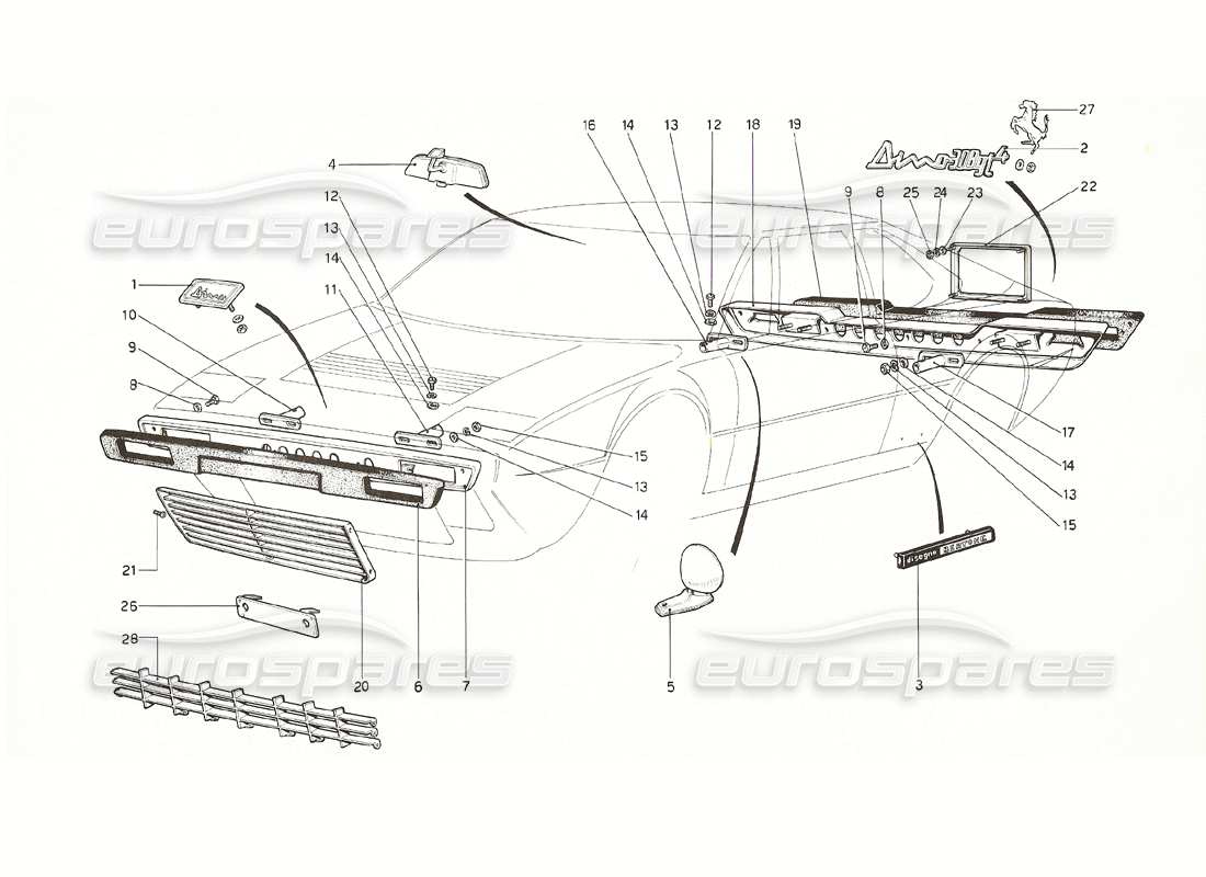 ferrari 308 gt4 dino (1976) bumpers and mouldings part diagram