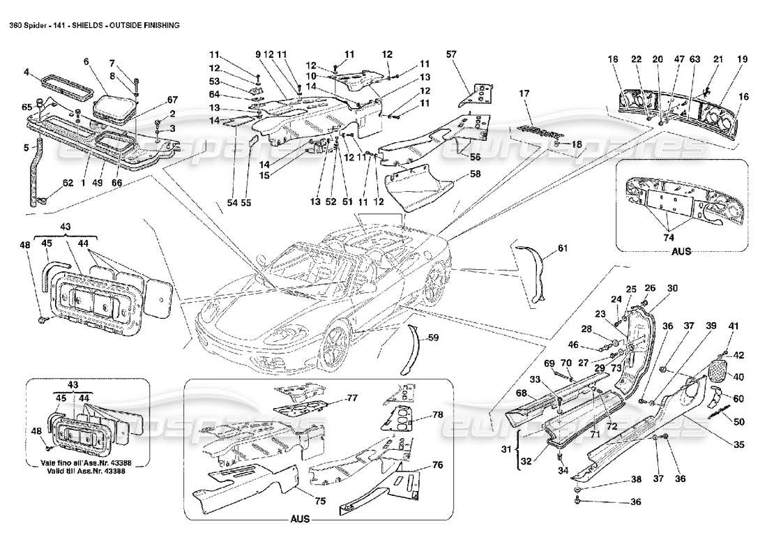 ferrari 360 spider shields - outside finishing parts diagram