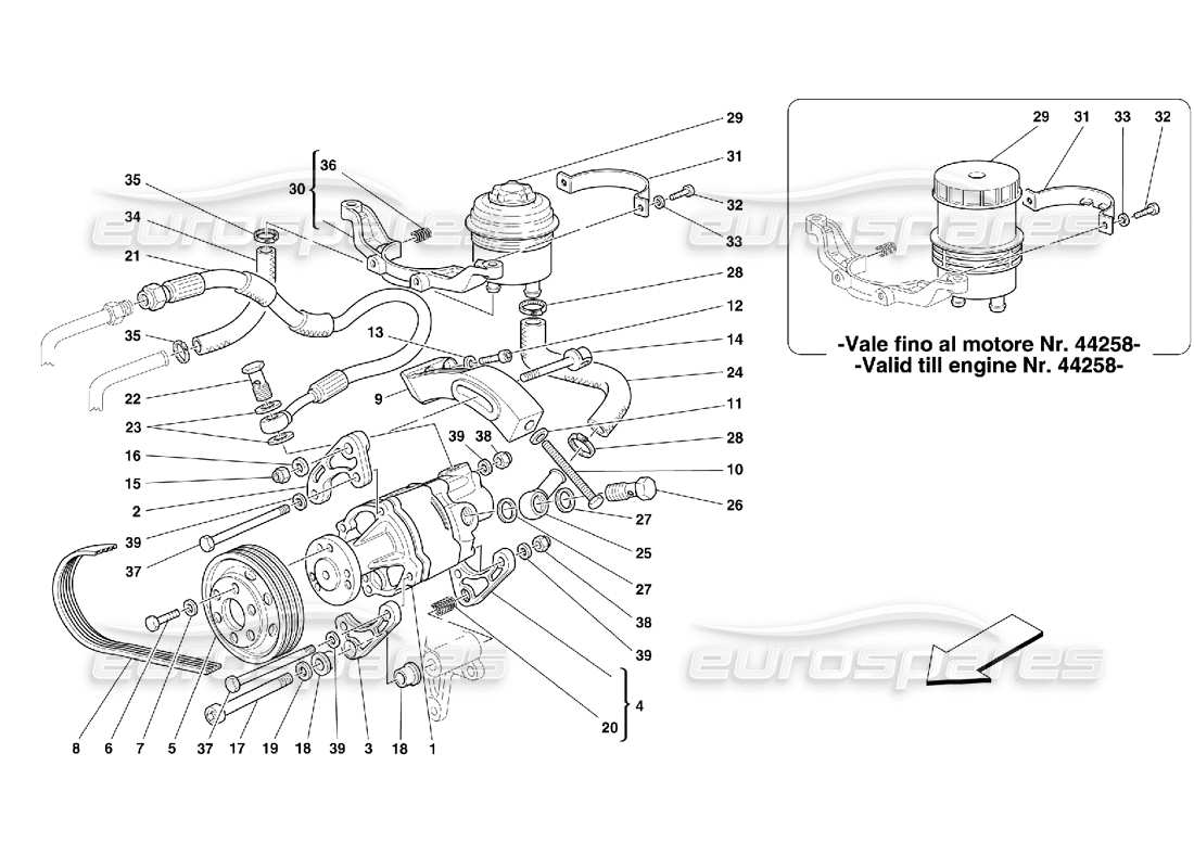 ferrari 355 (5.2 motronic) hydraulic steering pump and tank parts diagram