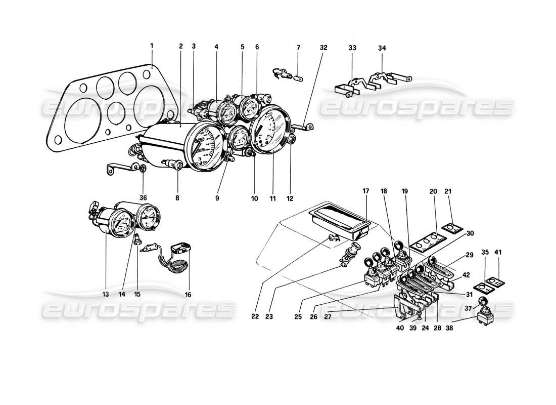 ferrari 308 gtb (1980) instruments and accessories (variants for rhd - aus versions) parts diagram