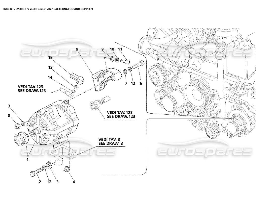 maserati 3200 gt/gta/assetto corsa alternator and support parts diagram