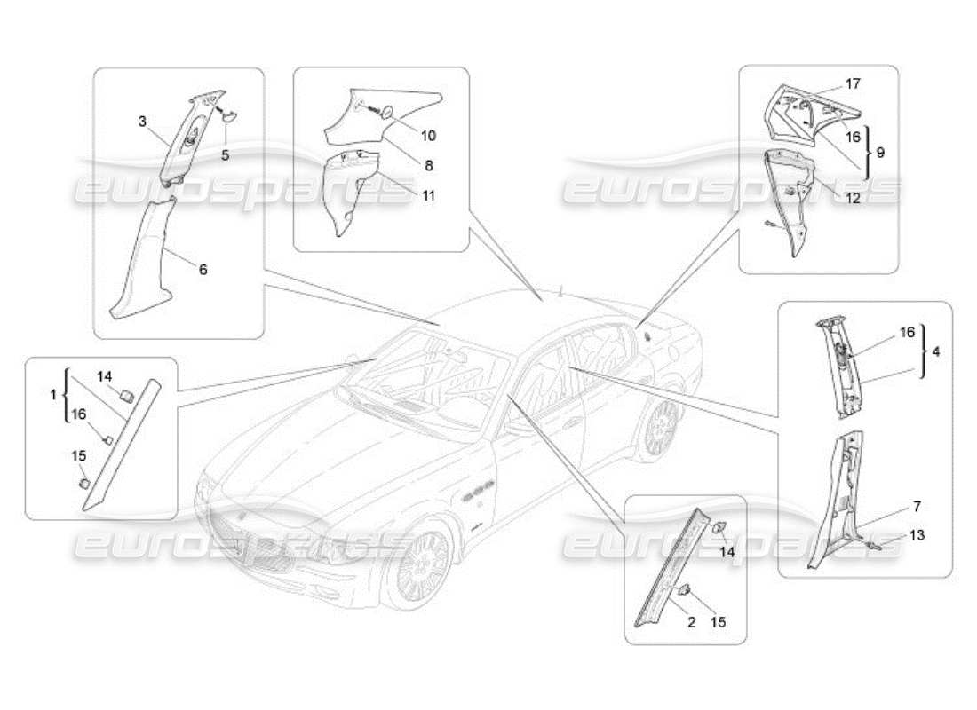 maserati qtp. (2005) 4.2 passenger compartment b pillar trim panels and side panels part diagram