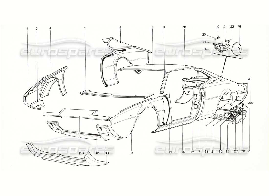 ferrari 308 gt4 dino (1976) body shell - outer elements part diagram