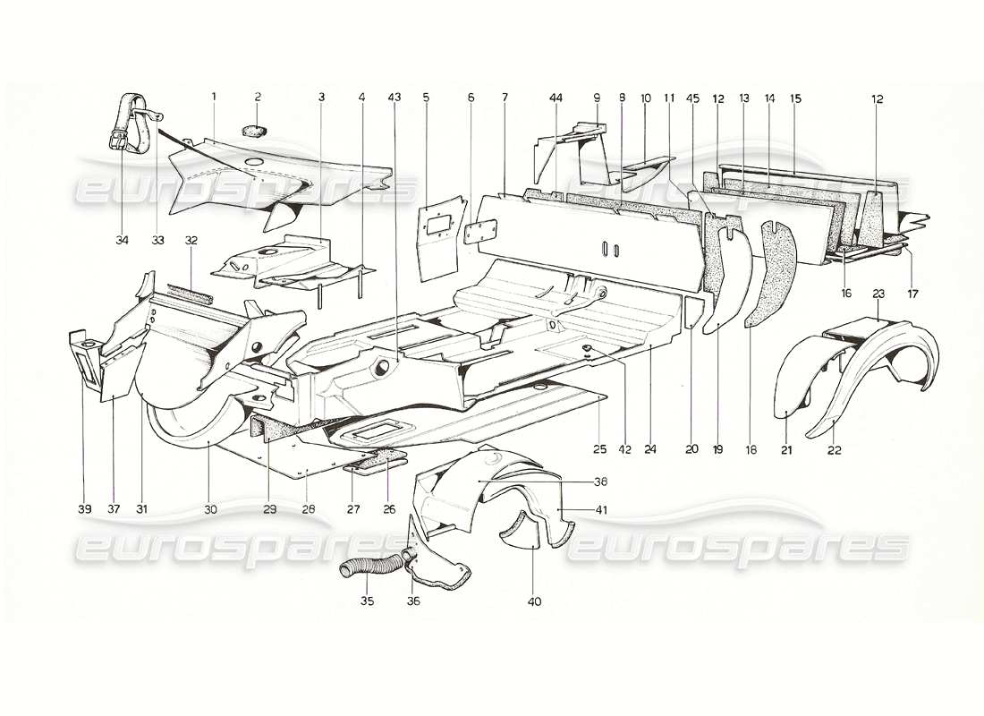 ferrari 308 gt4 dino (1976) body shell - inner elements part diagram