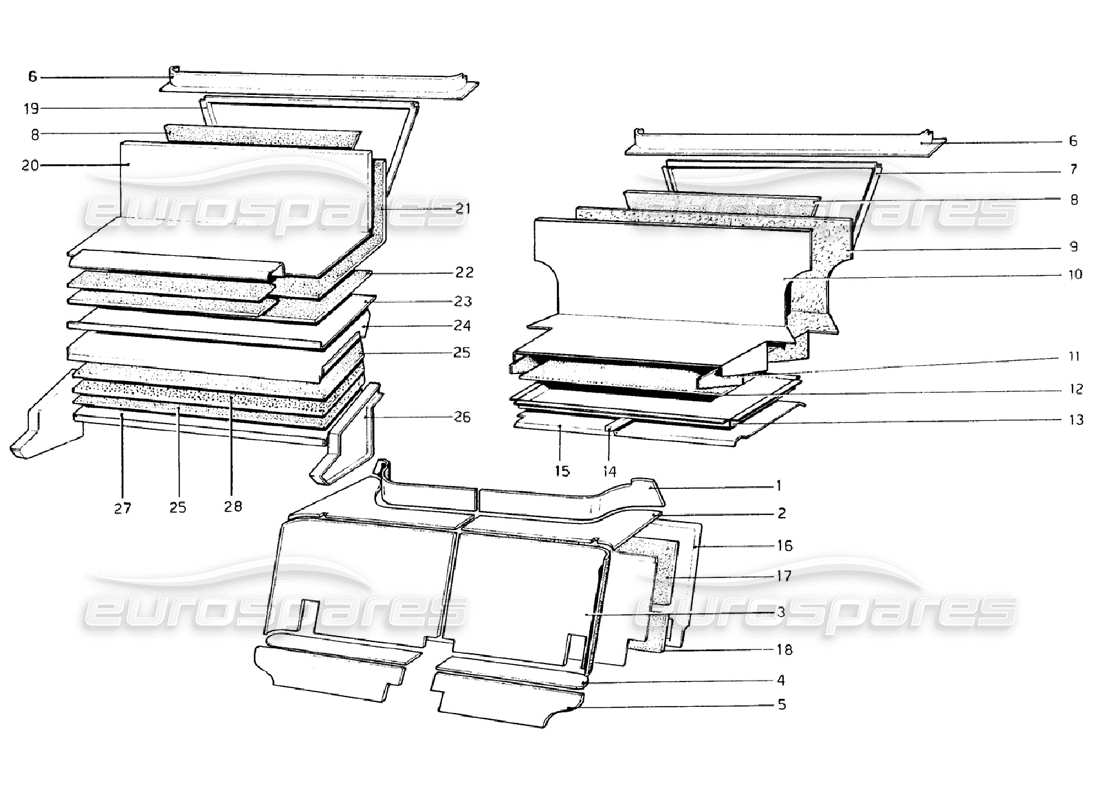 ferrari 308 gtb (1976) passenger and luggage compartments insulation (valid for rhd - aus versions) parts diagram