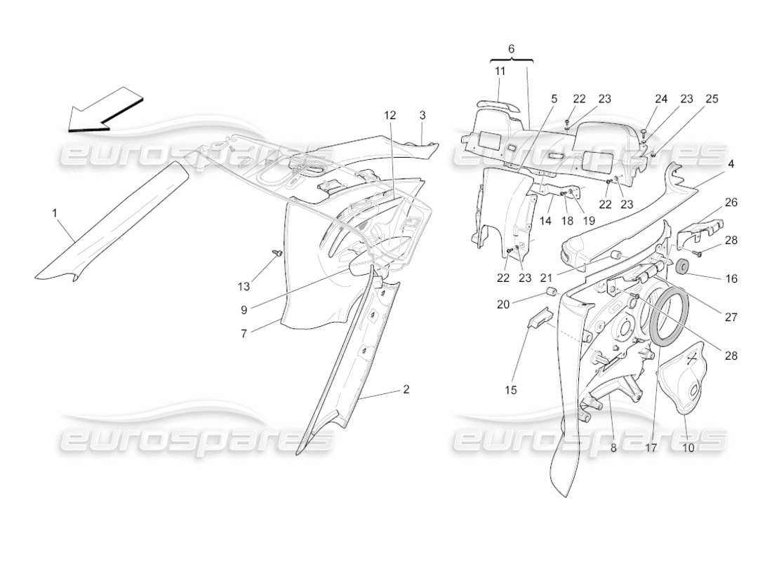 maserati grancabrio (2010) 4.7 passenger compartment b pillar trim panels and side panels part diagram