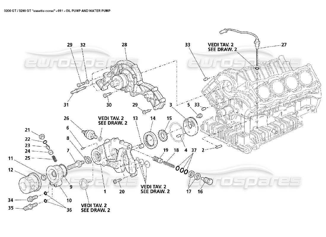 maserati 3200 gt/gta/assetto corsa oil pump & water pump part diagram