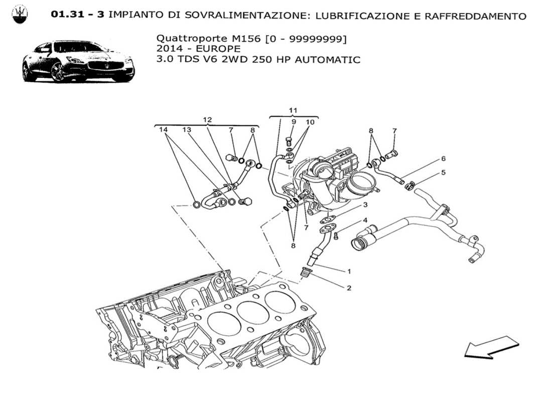 maserati qtp. v6 3.0 tds 250bhp 2014 turbocharging system: lubrication and cooling part diagram