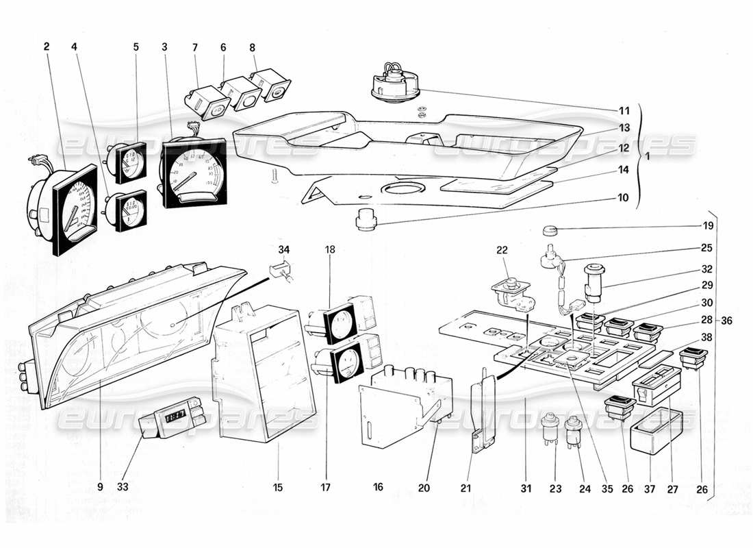 ferrari testarossa (1987) instruments and passenger compartment accessories (for u.s. version my 1987) parts diagram