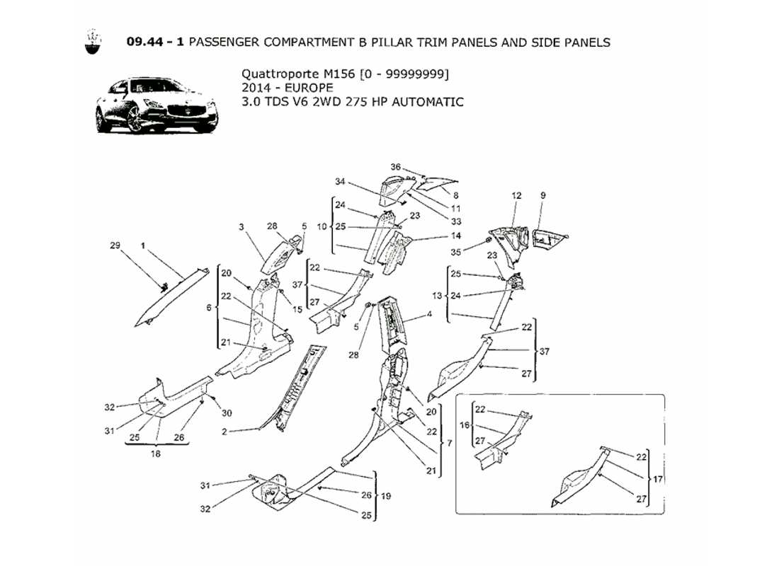 maserati qtp. v6 3.0 tds 275bhp 2014 passenger compartment b pillar trim panels and side panels part diagram