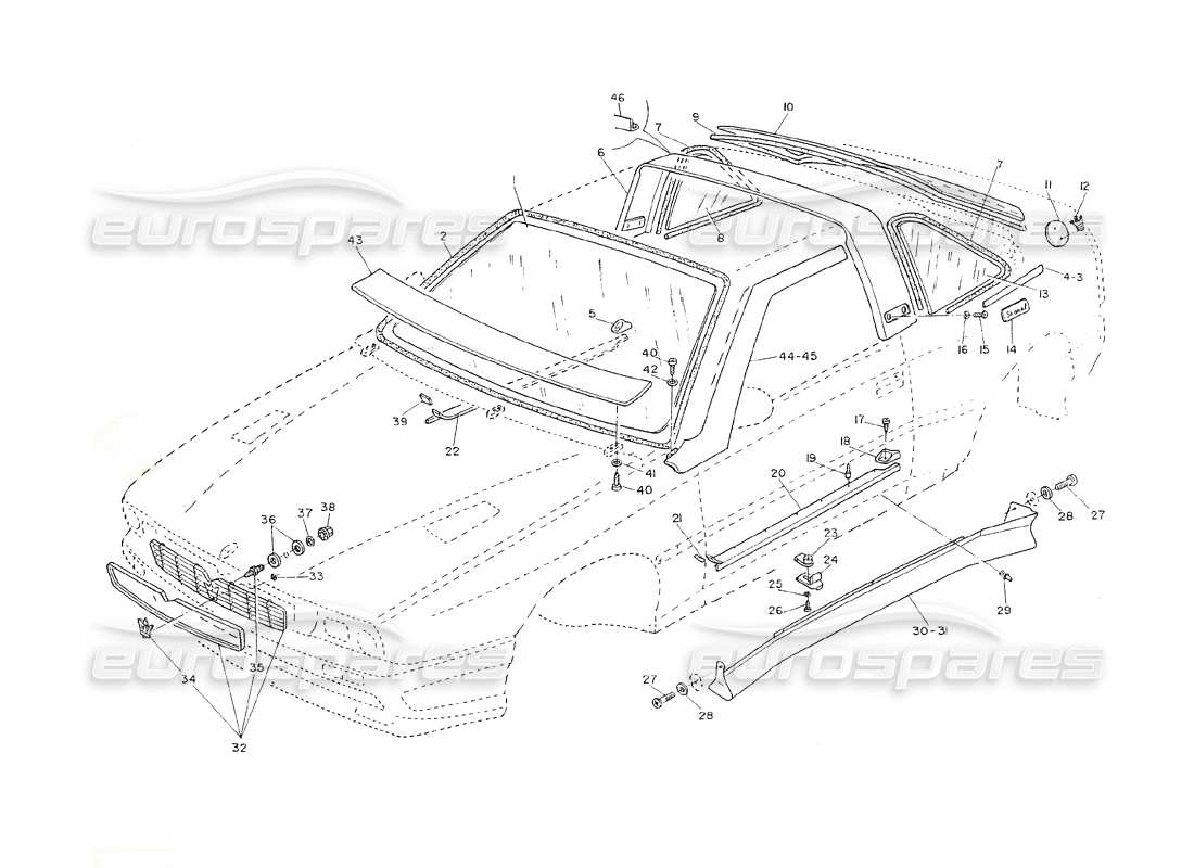 maserati shamal radiator grill - exterior molding - glasses parts diagram
