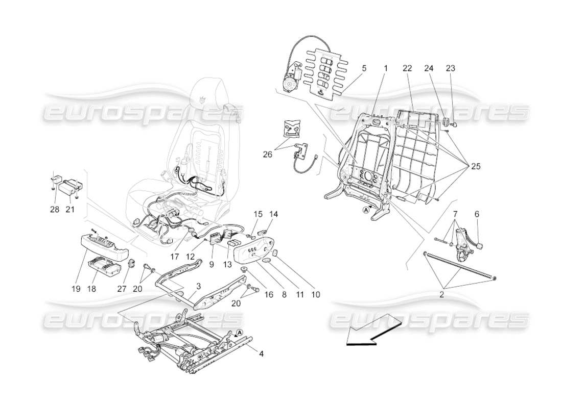 maserati grancabrio (2011) 4.7 front seats: mechanics and electronics parts diagram