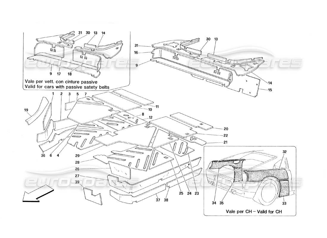 ferrari 348 (1993) tb / ts passengers compartment insulations parts diagram