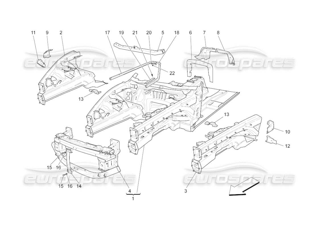 maserati grancabrio (2011) 4.7 front structural frames and sheet panels parts diagram