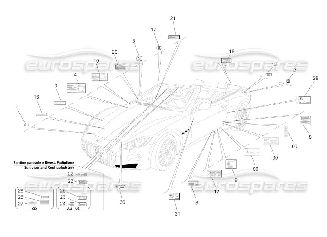 maserati grancabrio (2011) 4.7 stickers and labels parts diagram