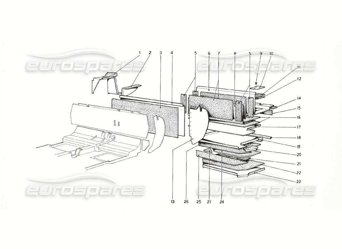 ferrari 308 gt4 dino (1976) body shell - inner elements (u.s.version) parts diagram