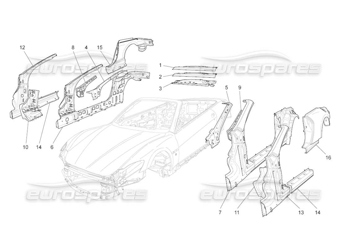 maserati grancabrio (2011) 4.7 bodywork and central outer trim panels parts diagram