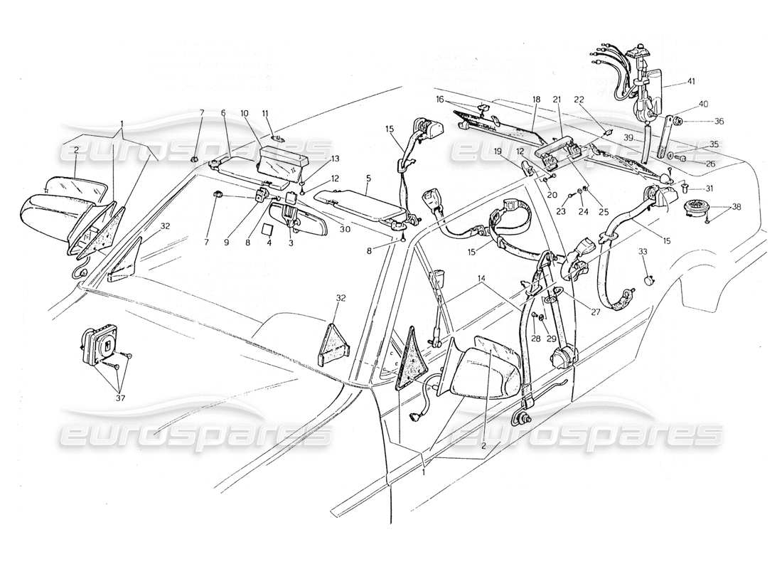 maserati 228 seat belts, mirrors and sun visor part diagram