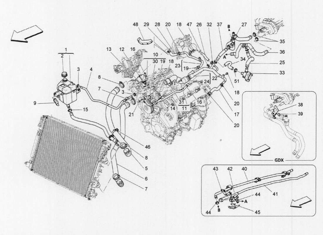 maserati qtp. v6 3.0 tds 275bhp 2017 cooling system: nourice and lines parts diagram