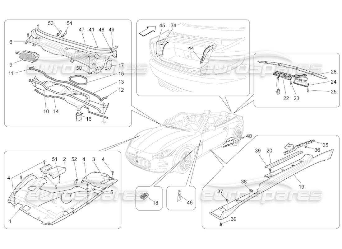 maserati grancabrio (2011) 4.7 shields, trims and covering panels parts diagram