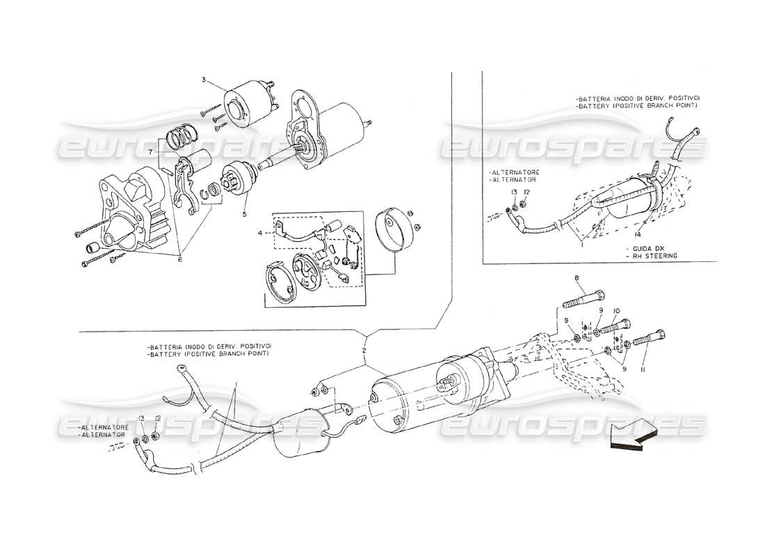 maserati shamal starting motor and battery cable parts diagram