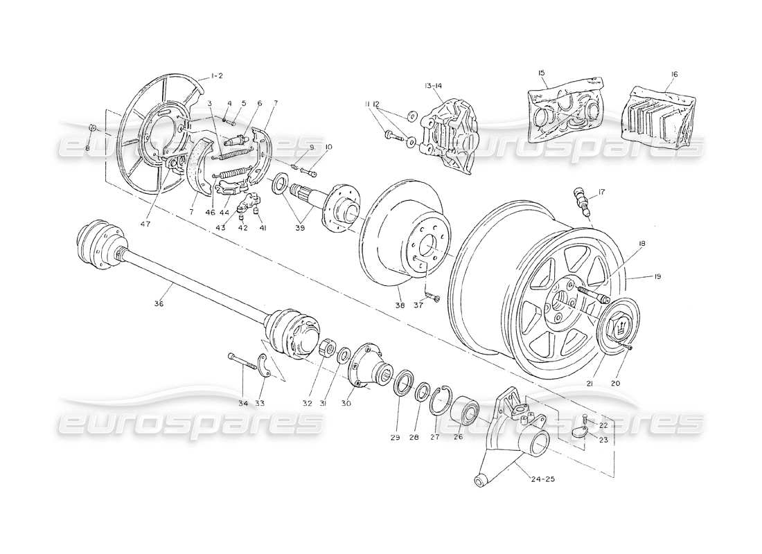 maserati shamal hubs, rear brakes and axle shafts parts diagram