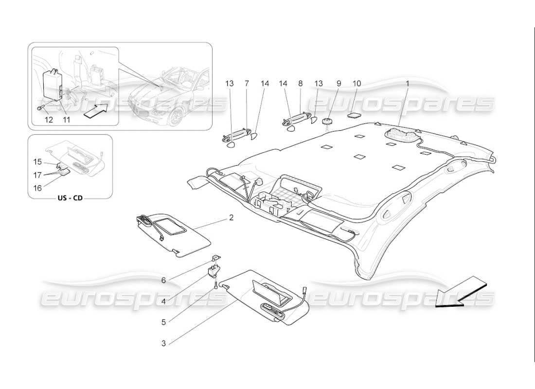 maserati qtp. (2007) 4.2 f1 roof and sun visors part diagram