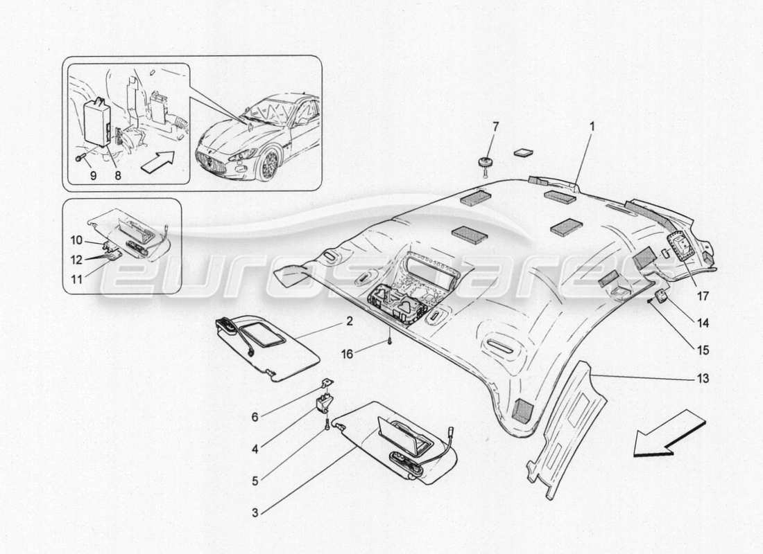 maserati granturismo special edition roof and sun visors parts diagram