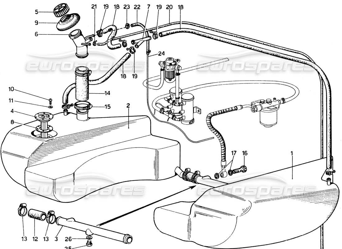 ferrari 365 gtb4 daytona (1969) fuel tanks & piping part diagram