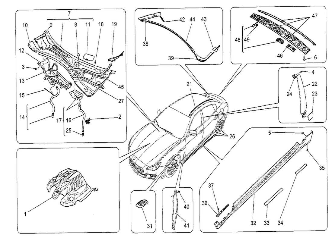 maserati qtp. v8 3.8 530bhp 2014 shields, trims and covering panels parts diagram