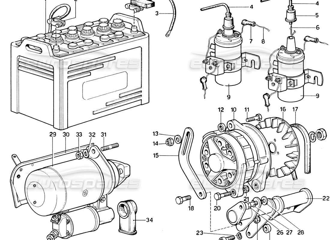 ferrari 365 gtb4 daytona (1969) generator, accumulator coils & starter part diagram