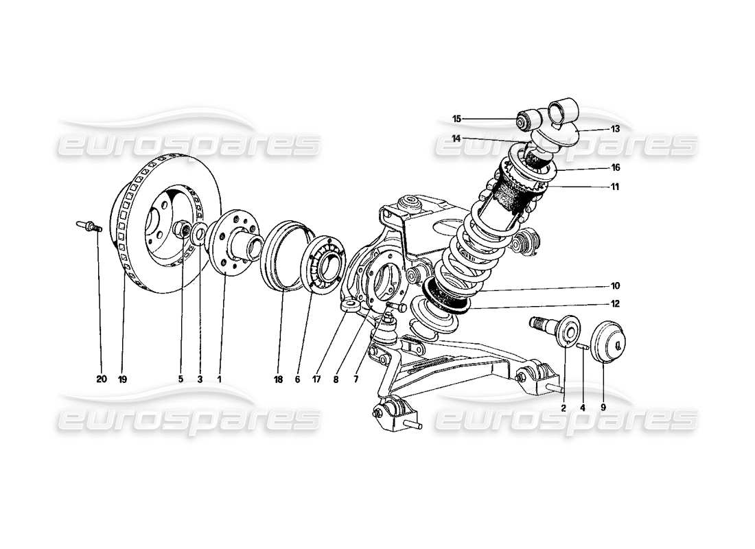 ferrari 328 (1985) front suspension - shock absorber and brake disc parts diagram