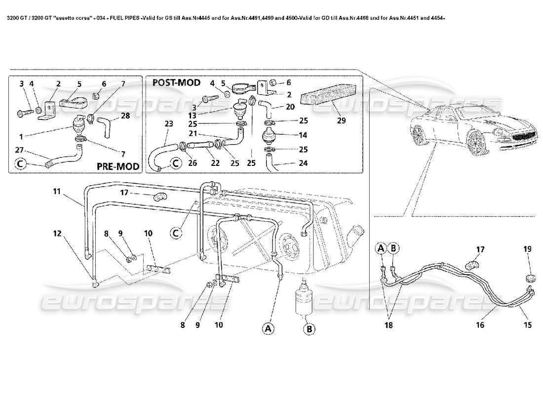 maserati 3200 gt/gta/assetto corsa fuel pipes -valid for gs till ass.nr4445 and for ass.nr.4491,4499 and 4500-valid for gd till ass.nr.4468 and for 4451 and 4454- part diagram