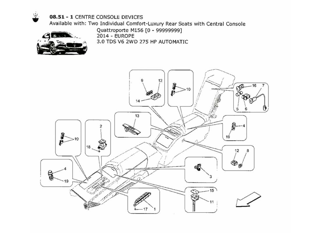 maserati qtp. v6 3.0 tds 275bhp 2014 centre console devices parts diagram