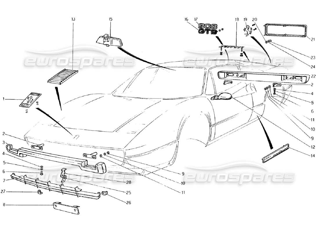 ferrari 308 gtb (1976) bumpers and mouldings (valid for rhd - aus versions) parts diagram