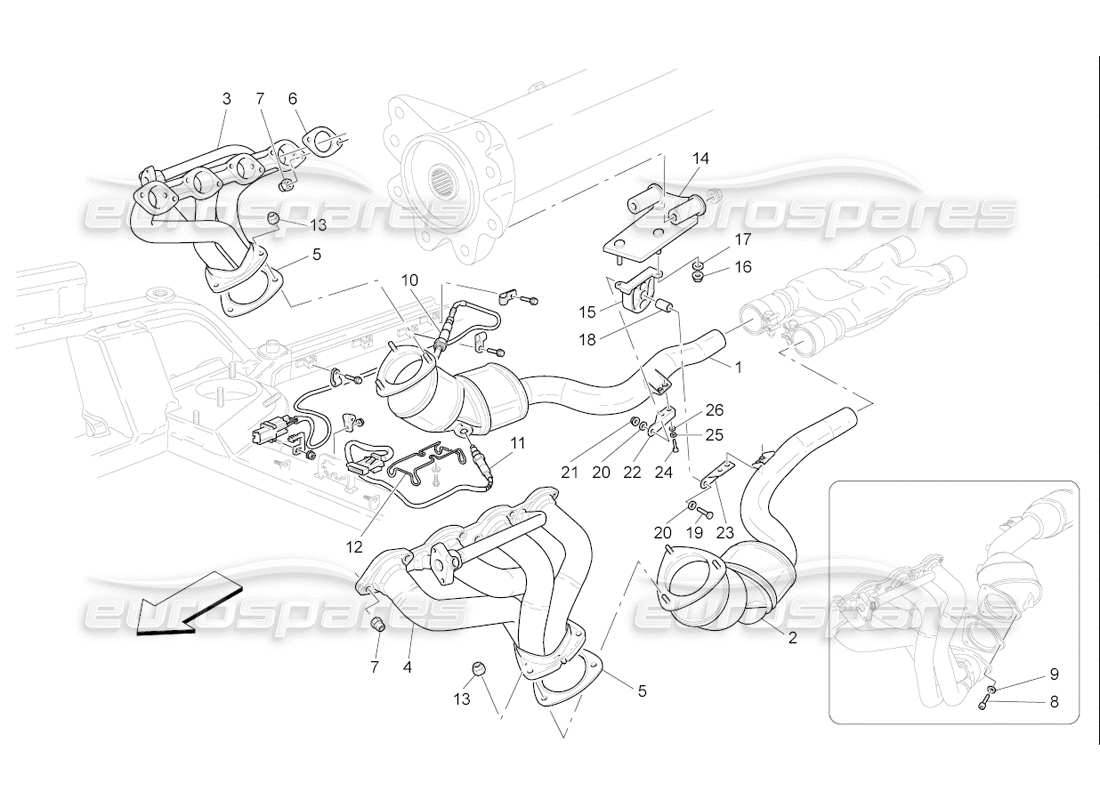 maserati qtp. (2006) 4.2 f1 pre-catalytic converters and catalytic converters part diagram