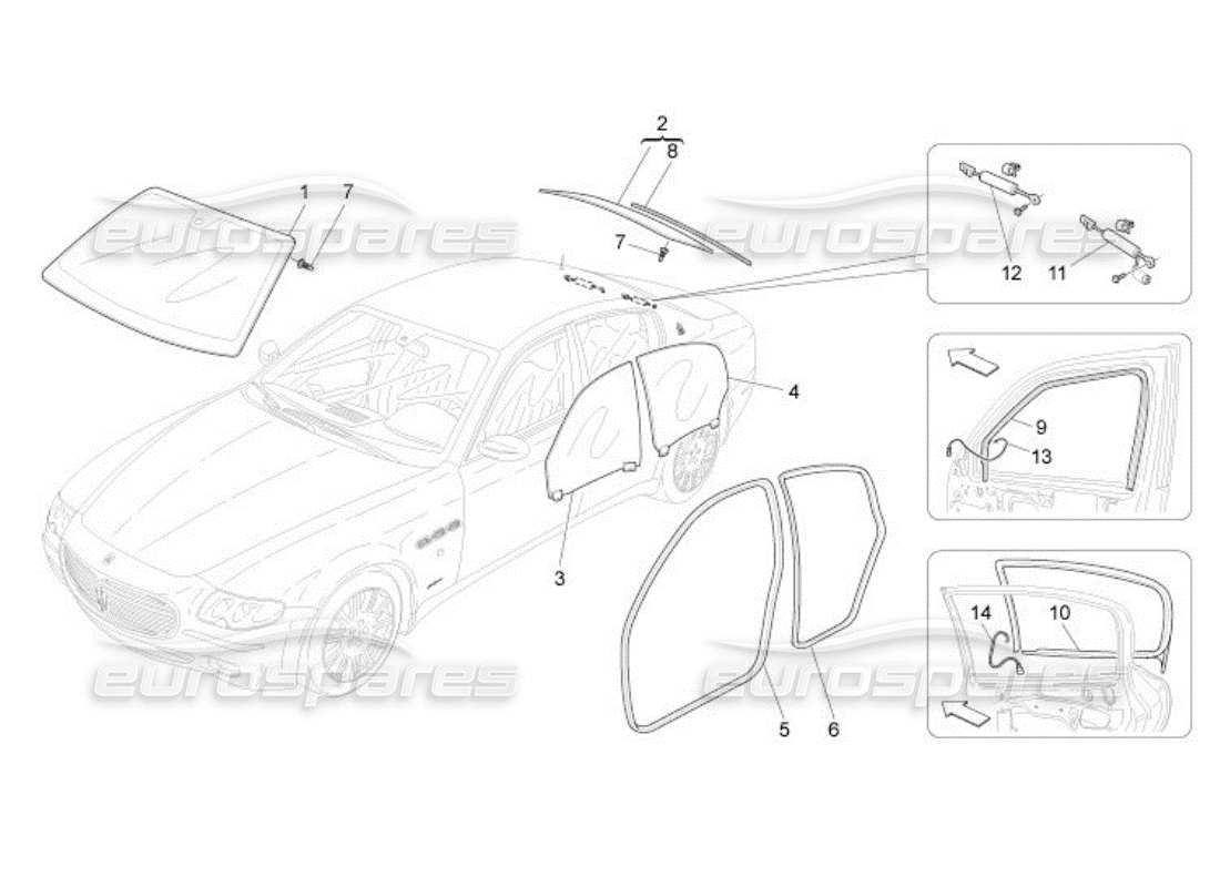 maserati qtp. (2005) 4.2 windows and window strips parts diagram