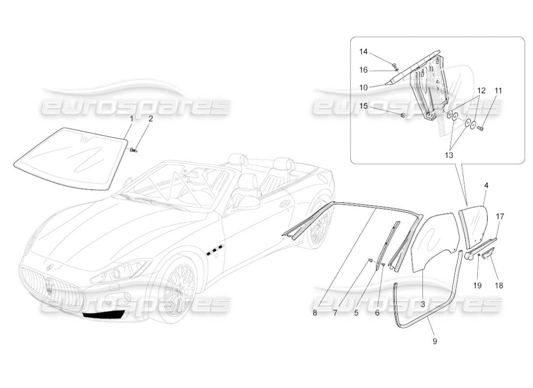 maserati grancabrio (2011) 4.7 windows and window strips parts diagram