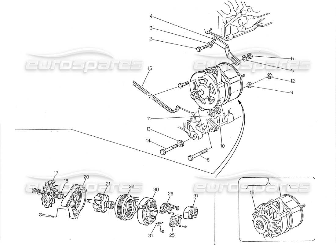 maserati 228 alternator and bracket parts diagram