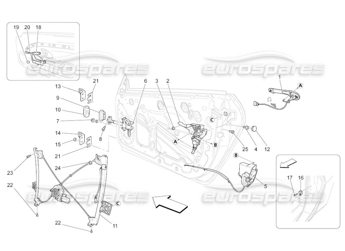 maserati grancabrio (2011) 4.7 front doors: mechanisms parts diagram
