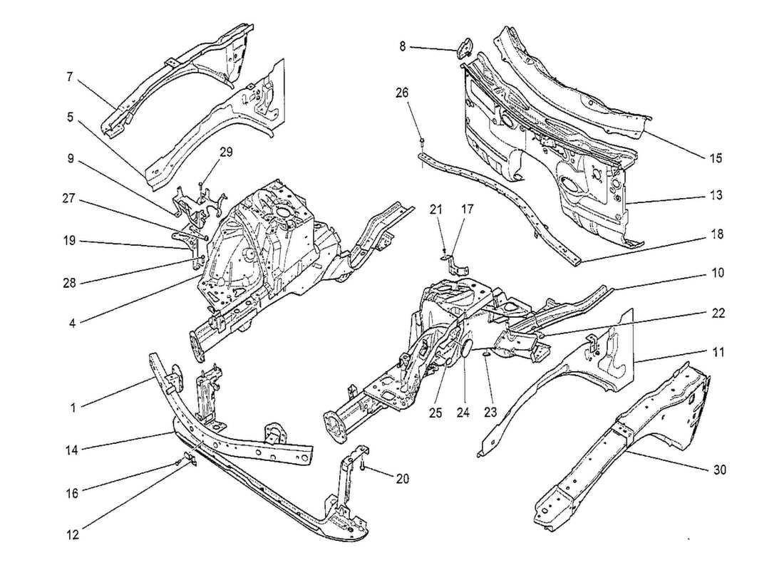 maserati qtp. v8 3.8 530bhp 2014 front structural frames and sheet panels parts diagram