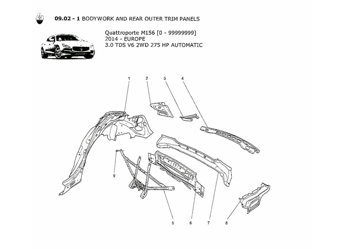 maserati qtp. v6 3.0 tds 275bhp 2014 bodywork and rear outer trim panels part diagram