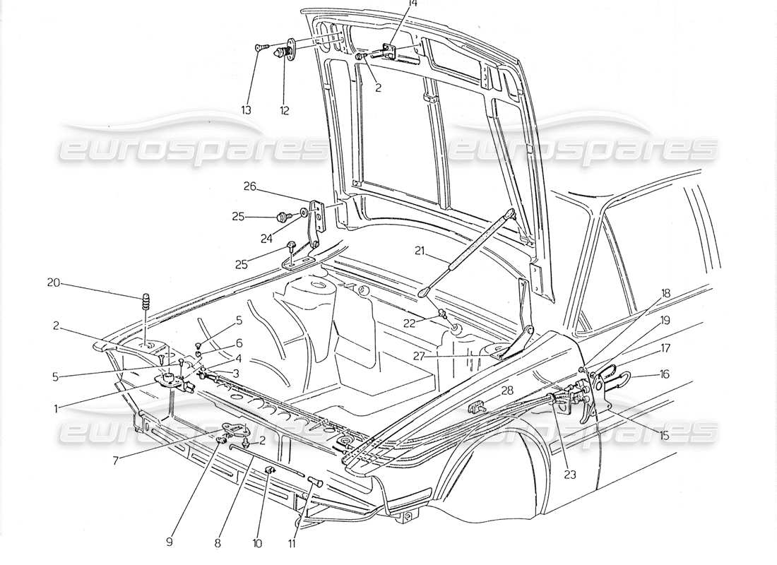 maserati 228 bonnet: hinges and bonnet release parts diagram