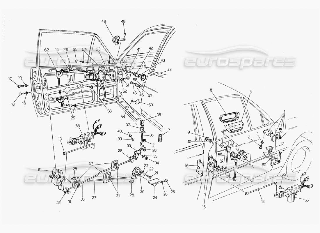 maserati 228 doors: hinges and inner controls part diagram