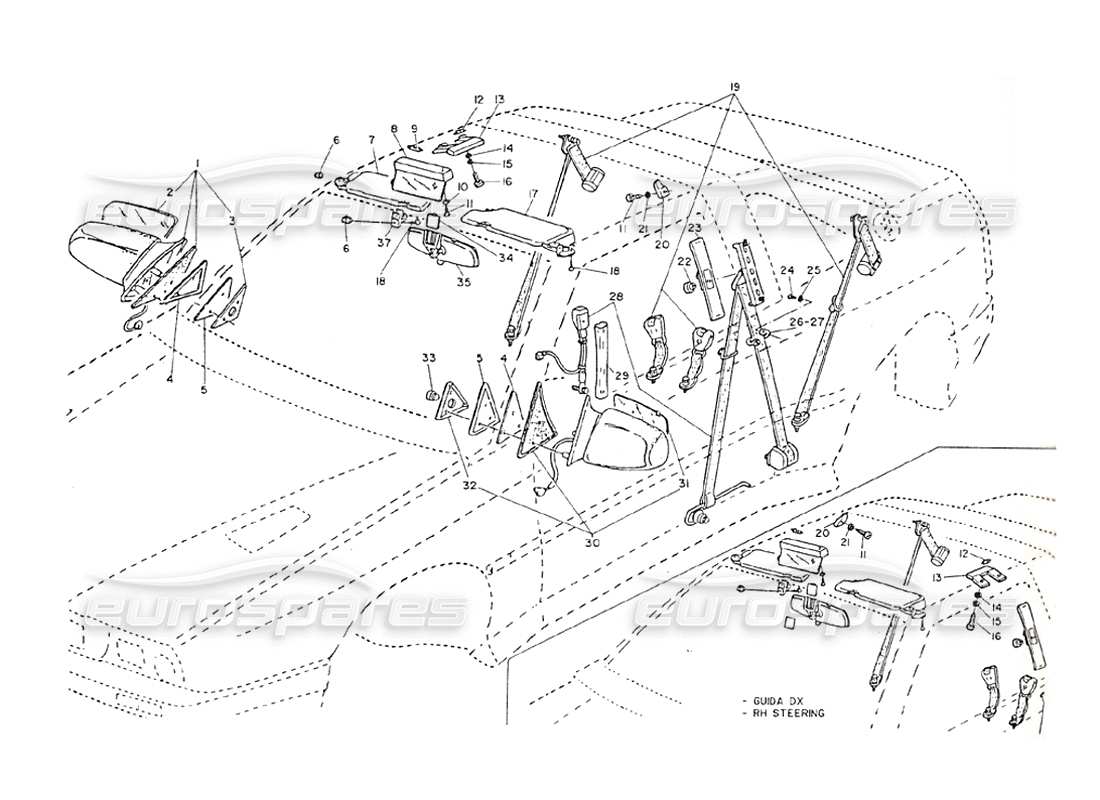 maserati shamal seat belts, rearview mirrors, sun visors parts diagram