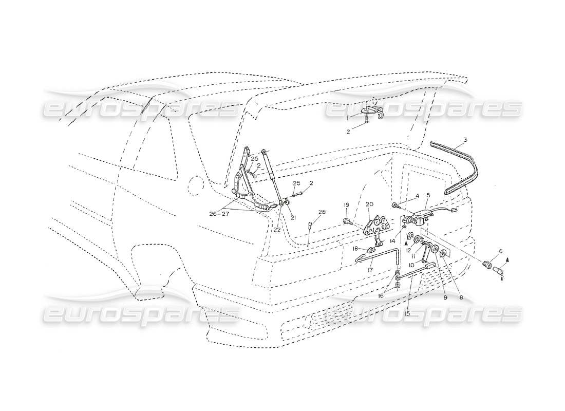 maserati shamal trunk lid - hinges, opening controls parts diagram