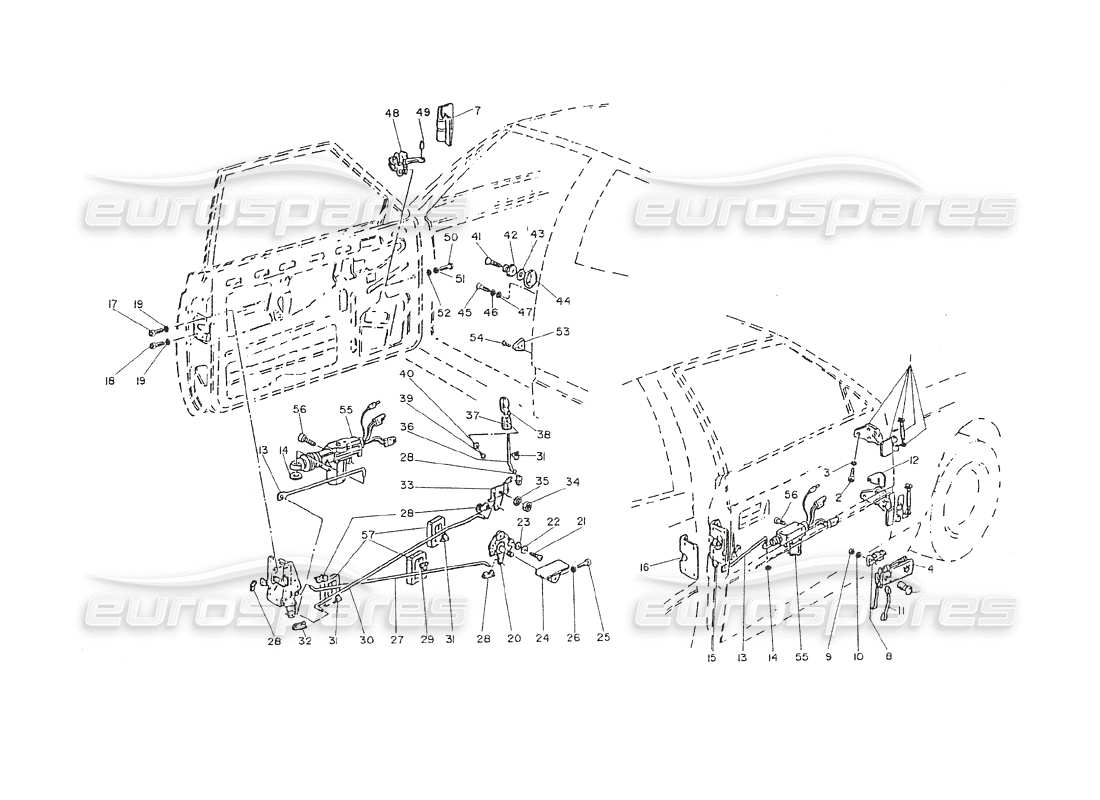 maserati shamal doors - hinges and internal controls parts diagram