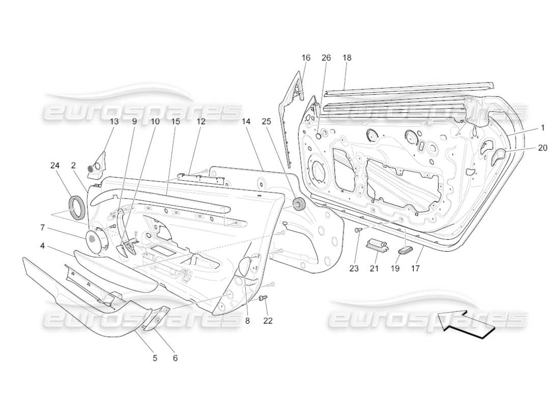 maserati grancabrio (2011) 4.7 front doors: trim panels parts diagram