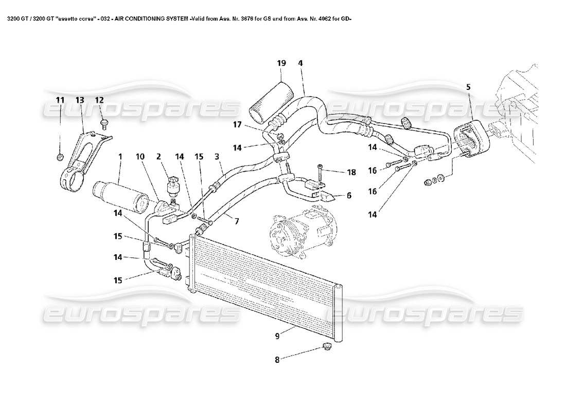 maserati 3200 gt/gta/assetto corsa air conditioning system -valid from ass. nr. 3676 for gs and from ass. nr. 4062 for gd- parts diagram